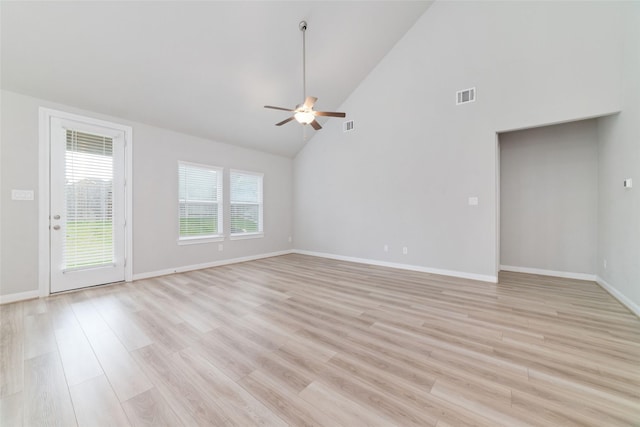 unfurnished living room featuring a ceiling fan, high vaulted ceiling, visible vents, and light wood finished floors