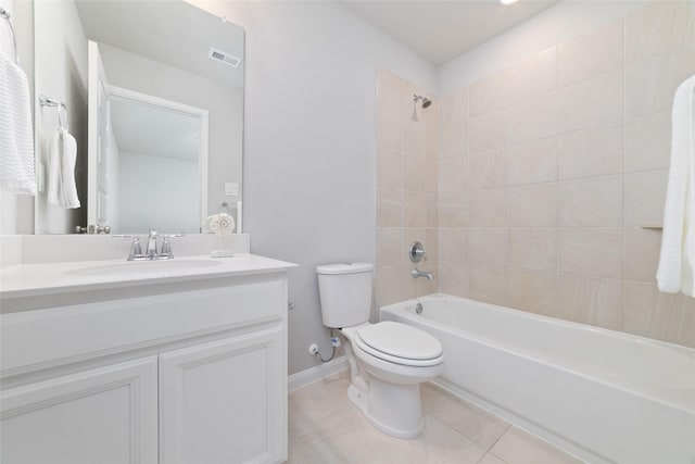 full bath with visible vents, vanity, tile patterned floors, toilet, and tub / shower combination