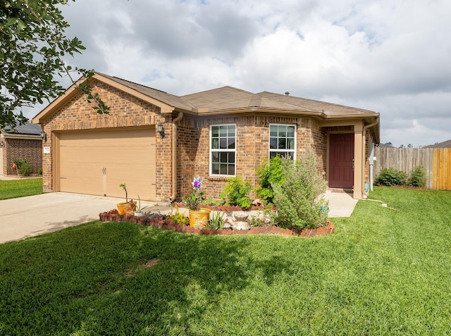 single story home featuring fence, an attached garage, brick siding, a front yard, and concrete driveway