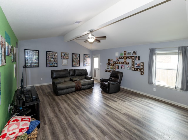living room with ceiling fan, lofted ceiling with beams, baseboards, wood finished floors, and visible vents