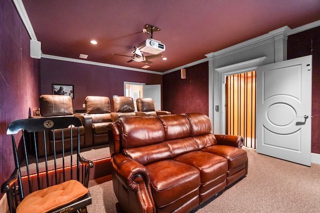 392 Green Cove Dr, Montgomery, TX 77356 - cinema room featuring recessed lighting, a ceiling fan, carpet, and ornamental molding