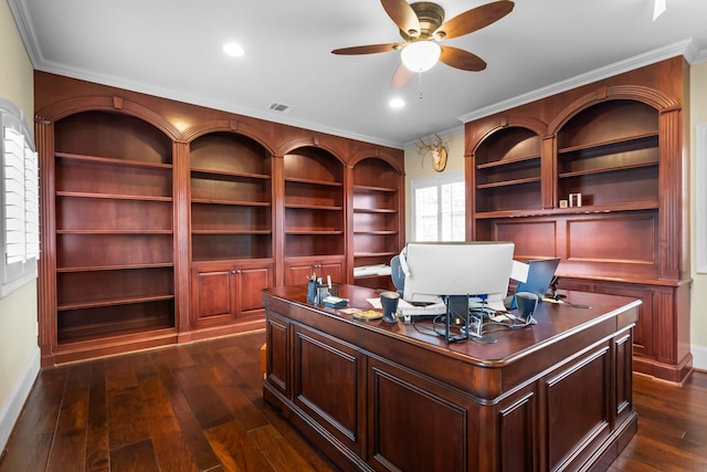 392 Green Cove Dr, Montgomery, TX 77356 - office space with crown molding, visible vents, baseboards, dark wood-type flooring, and a ceiling fan