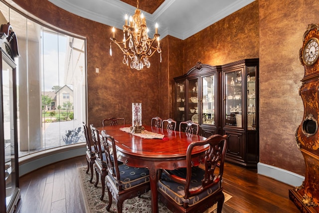 392 Green Cove Dr, Montgomery, TX 77356 - dining space with baseboards, dark wood-style flooring, crown molding, and a chandelier