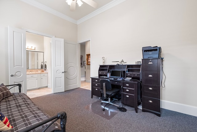 392 Green Cove Dr, Montgomery, TX 77356 - office with carpet floors, baseboards, ornamental molding, and ceiling fan