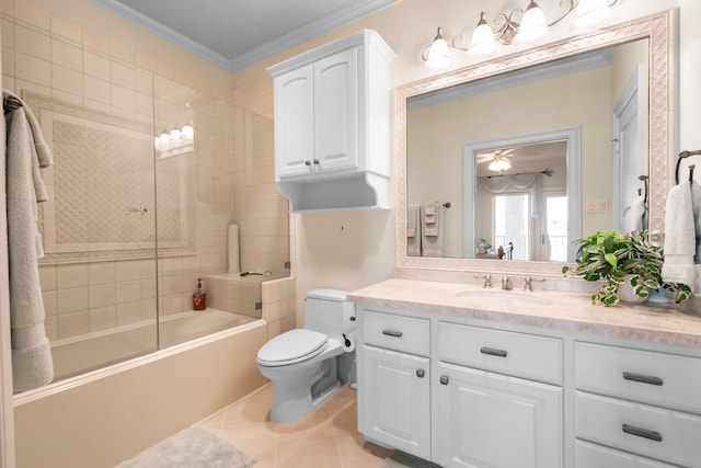 392 Green Cove Dr, Montgomery, TX 77356 - bathroom with shower / tub combination, tile patterned flooring, vanity, toilet, and ornamental molding