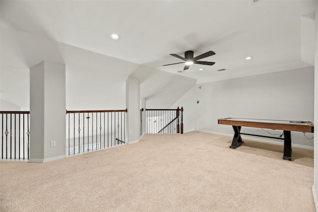 playroom with carpet floors, a ceiling fan, and recessed lighting