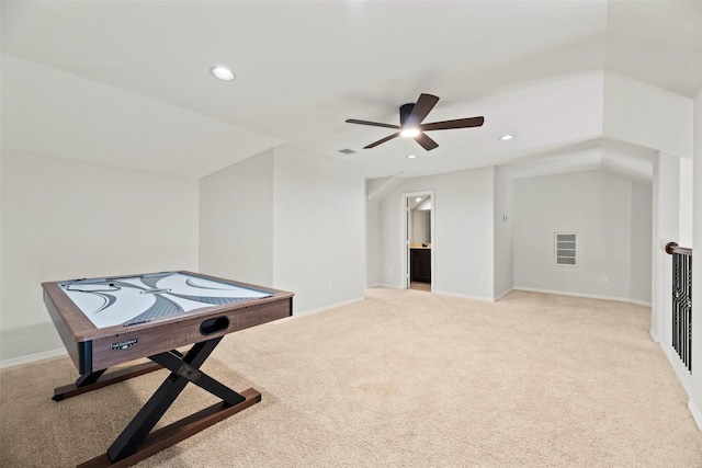 playroom with light colored carpet, recessed lighting, baseboards, and ceiling fan