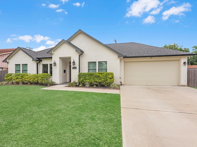 ranch-style home with an attached garage, driveway, a front lawn, and stucco siding