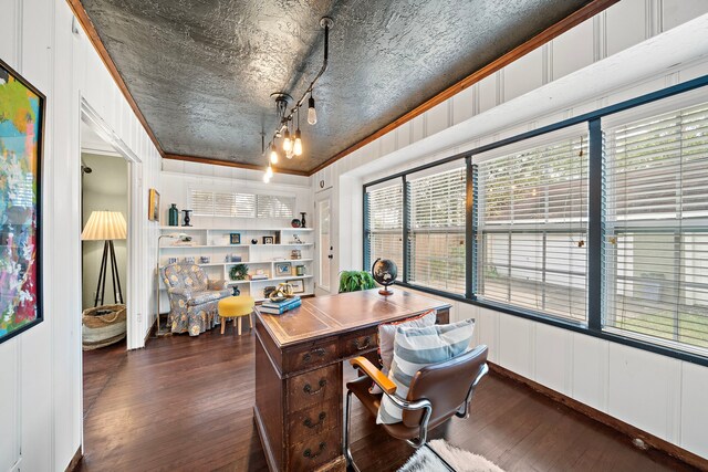 office area featuring crown molding and dark wood finished floors