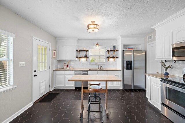 kitchen featuring visible vents, decorative backsplash, white cabinets, a sink, and stainless steel appliances