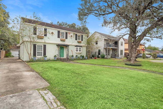 view of front facade with a front lawn, fence, a balcony, a gate, and entry steps