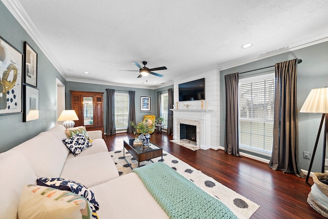 living room with a healthy amount of sunlight, ornamental molding, wood finished floors, and ceiling fan