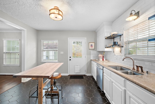 kitchen featuring backsplash, dishwasher, a sink, light countertops, and white cabinets