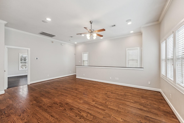 spare room featuring ornamental molding, a ceiling fan, recessed lighting, and visible vents