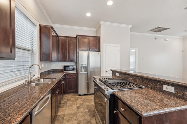 kitchen featuring visible vents, ornamental molding, dark brown cabinets, a sink, and appliances with stainless steel finishes