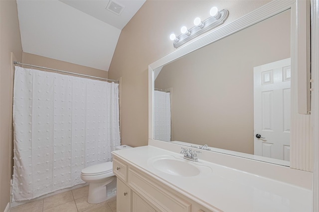 bathroom featuring visible vents, vanity, tile patterned floors, toilet, and lofted ceiling