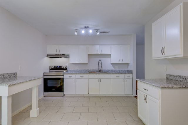 kitchen with electric range, visible vents, a sink, under cabinet range hood, and white cabinetry
