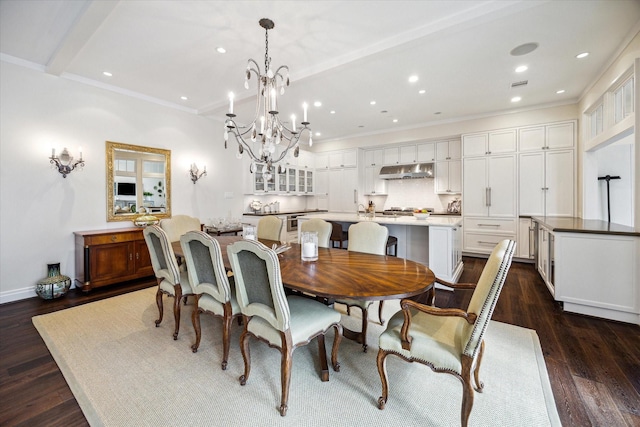 56 Audubon Hollow Ln, Houston, TX 77027 - dining space with recessed lighting, ornamental molding, dark wood-style flooring, and a notable chandelier