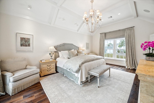 56 Audubon Hollow Ln, Houston, TX 77027 - bedroom featuring an inviting chandelier, lofted ceiling with beams, wood finished floors, and visible vents