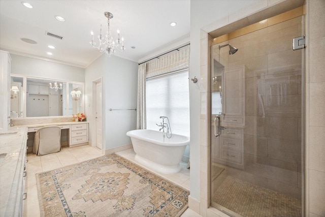 56 Audubon Hollow Ln, Houston, TX 77027 - bathroom with an inviting chandelier, a stall shower, visible vents, and a soaking tub