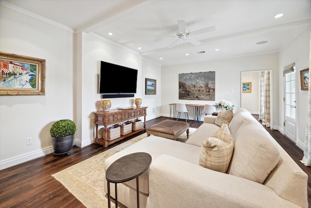 56 Audubon Hollow Ln, Houston, TX 77027 - living area featuring crown molding, baseboards, ceiling fan, dark wood-style floors, and recessed lighting