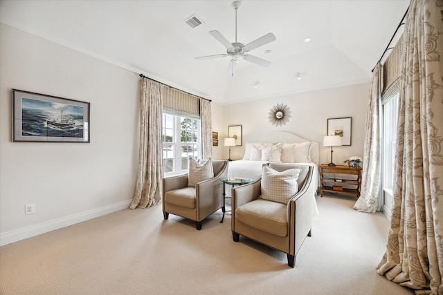 56 Audubon Hollow Ln, Houston, TX 77027 - bedroom with a ceiling fan, visible vents, vaulted ceiling, baseboards, and light carpet