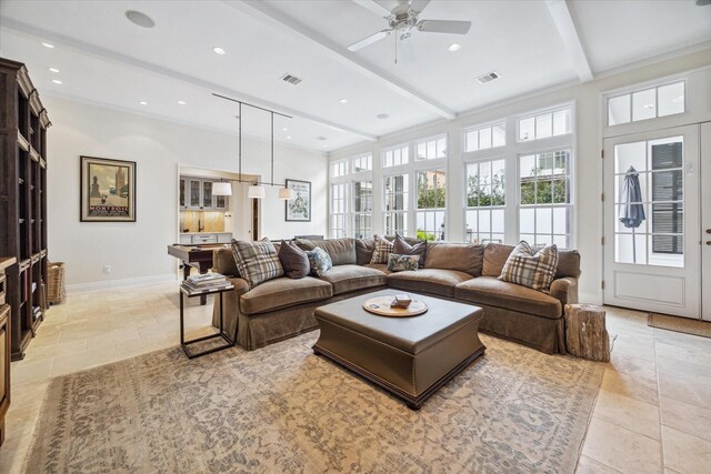 56 Audubon Hollow Ln, Houston, TX 77027 - living area featuring recessed lighting, ceiling fan, visible vents, and beam ceiling