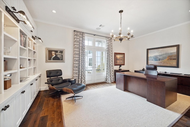 56 Audubon Hollow Ln, Houston, TX 77027 - office space with crown molding, an inviting chandelier, recessed lighting, visible vents, and dark wood-style floors