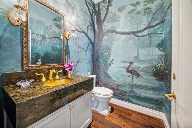 56 Audubon Hollow Ln, Houston, TX 77027 - bathroom featuring vanity, toilet, baseboards, wallpapered walls, and wood finished floors