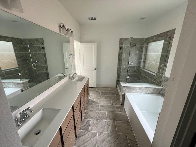 bathroom with a sink, double vanity, visible vents, a bath, and a stall shower