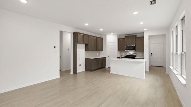 kitchen with tasteful backsplash, stainless steel appliances, recessed lighting, light wood-type flooring, and visible vents