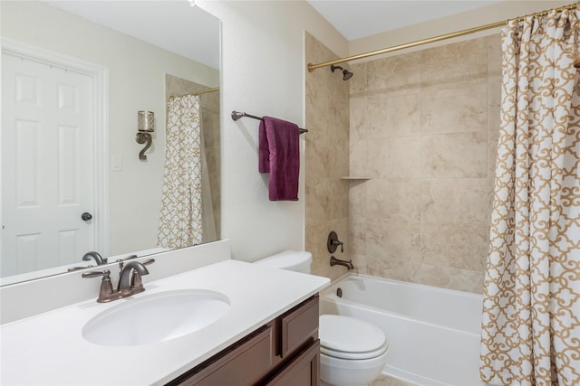 full bath featuring toilet, shower / bathtub combination with curtain, and vanity