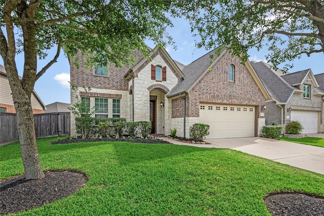 view of front of home featuring fence, a front lawn, stone siding, a garage, and concrete driveway