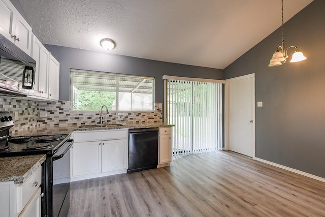 kitchen featuring light wood finished floors, a sink, black appliances, and tasteful backsplash