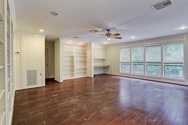 unfurnished living room featuring dark wood-style flooring, ceiling fan, visible vents, and recessed lighting