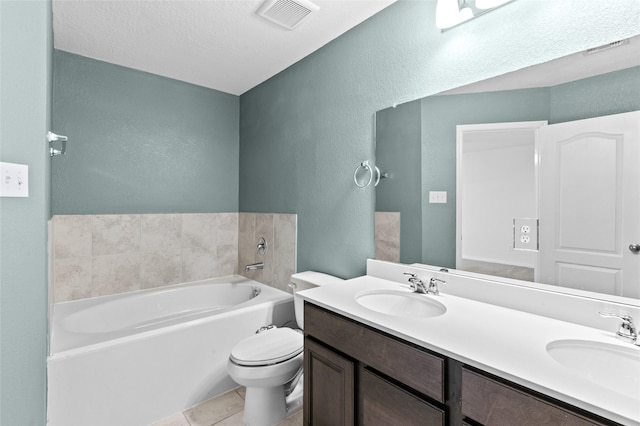 full bathroom with visible vents, a sink, a textured wall, and a bath