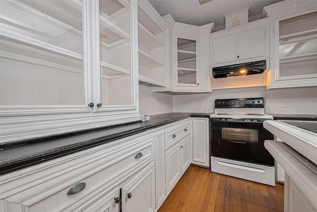 kitchen with electric range, white cabinetry, light wood-type flooring, under cabinet range hood, and glass insert cabinets
