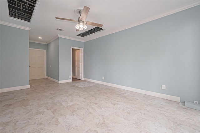 spare room with crown molding, a ceiling fan, and visible vents
