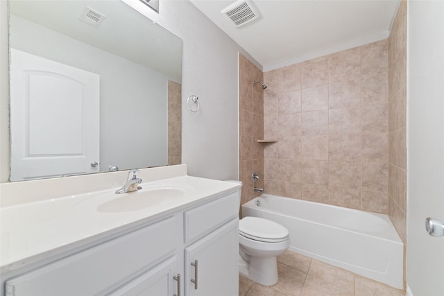 bathroom with vanity, tile patterned flooring,  shower combination, and visible vents