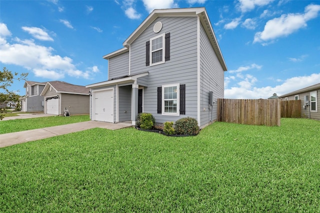 traditional home with a garage, fence, a front yard, and concrete driveway