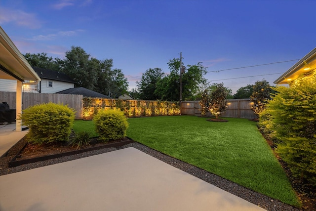 yard at dusk featuring a fenced backyard and a patio area