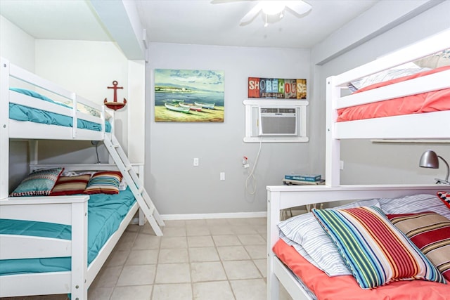 12828 E Madrid, Galveston, TX 77554 - bedroom with a ceiling fan, baseboards, light tile patterned floors, and cooling unit