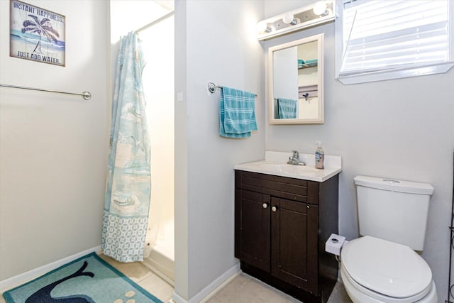 12828 E Madrid, Galveston, TX 77554 - bathroom featuring vanity, baseboards, a shower with shower curtain, and toilet
