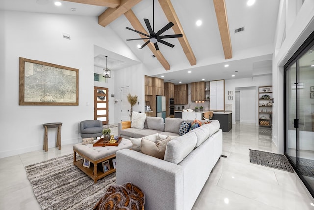 living area featuring high vaulted ceiling, ceiling fan, recessed lighting, and beam ceiling