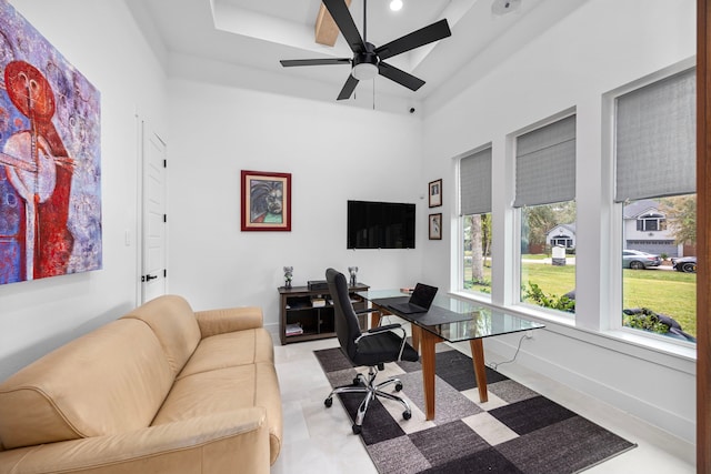 office area featuring recessed lighting and a ceiling fan