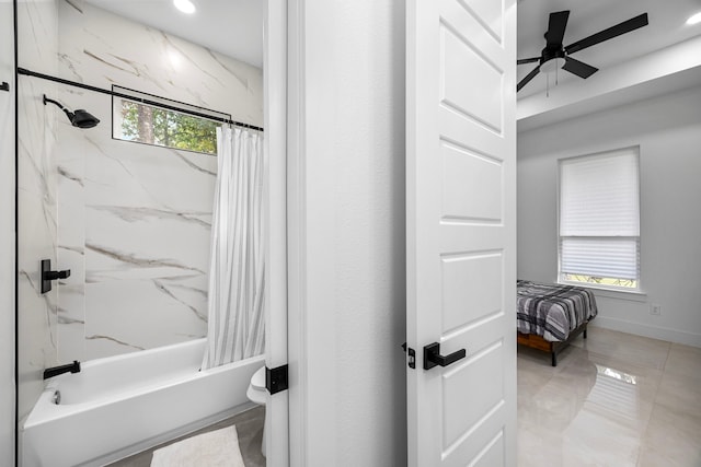 full bathroom featuring shower / tub combo with curtain, toilet, baseboards, recessed lighting, and a ceiling fan