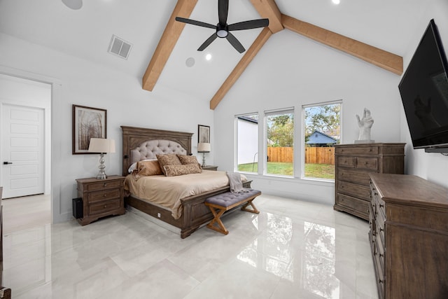 bedroom featuring visible vents, recessed lighting, high vaulted ceiling, and beamed ceiling