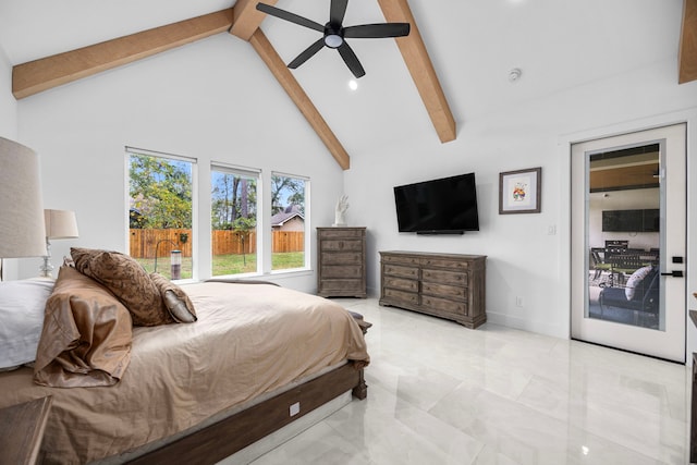 bedroom featuring a ceiling fan, high vaulted ceiling, beamed ceiling, marble finish floor, and access to outside
