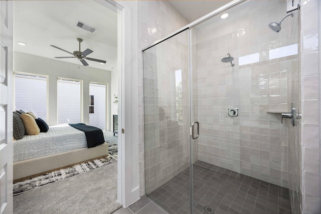 full bath featuring ensuite bath, ceiling fan, visible vents, a shower stall, and tile patterned floors