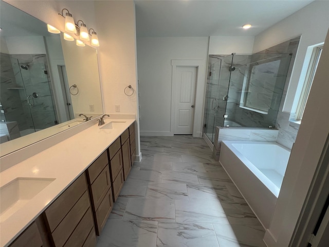2223 Inglenook Grove Dr, Katy, TX 77493 - full bathroom with a garden tub, a stall shower, double vanity, and marble finish flooring
